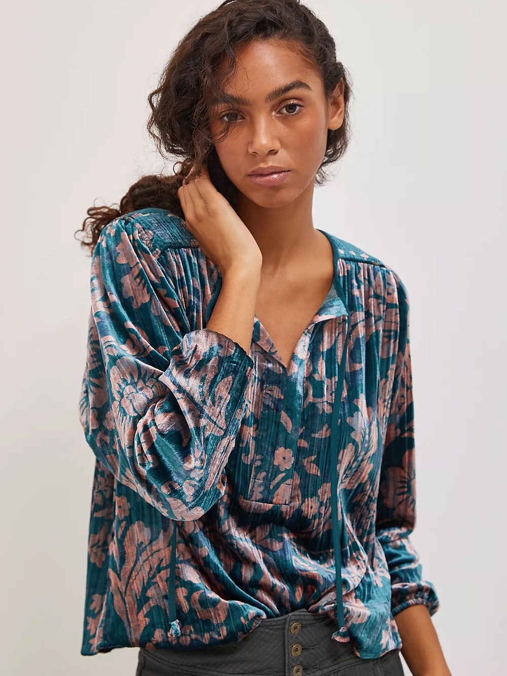 Anthropologie Floral Velvet Peasant Blouse Boho Burnout Top Size Small